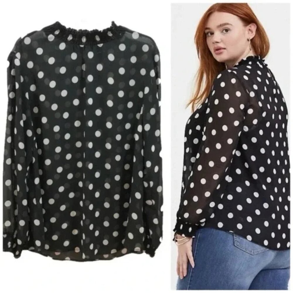 Torrid Chiffon Black & White Polka Dot Ruffle Neck Blouse Plus Size 2X